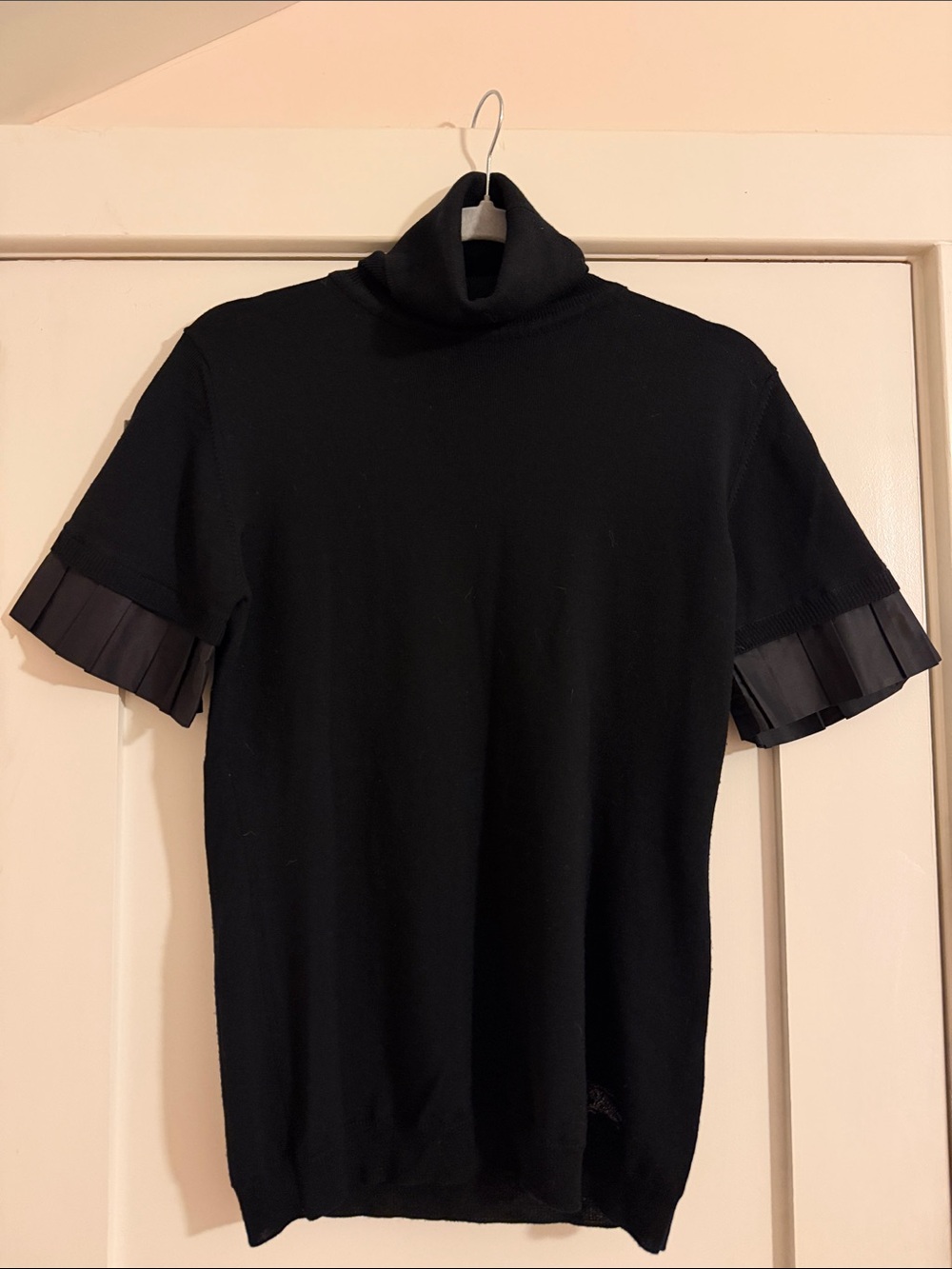 Burberry Black Short-Sleeve Turtleneck with Pleated Sleeve Trim